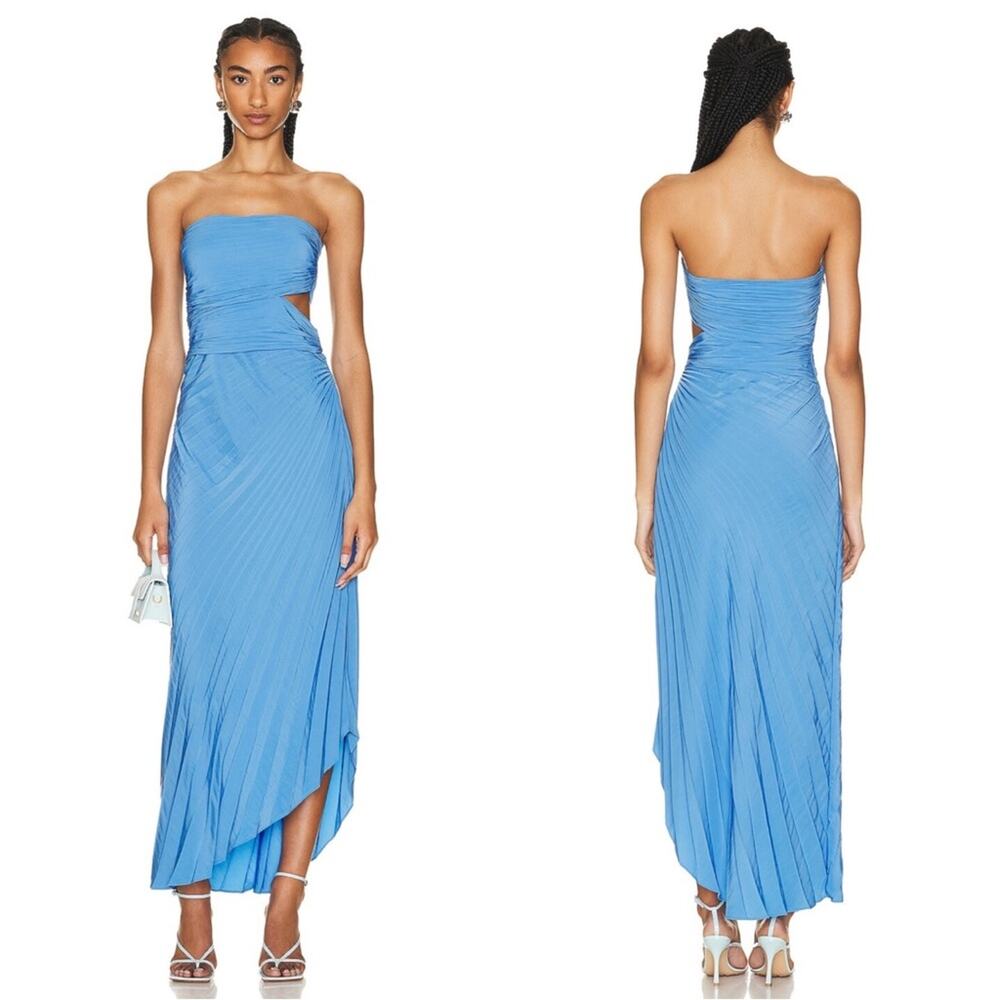 A.L.C. Andie Strapless Pleated Cutout Asymmetrical Blue Maxi Dress Size 14